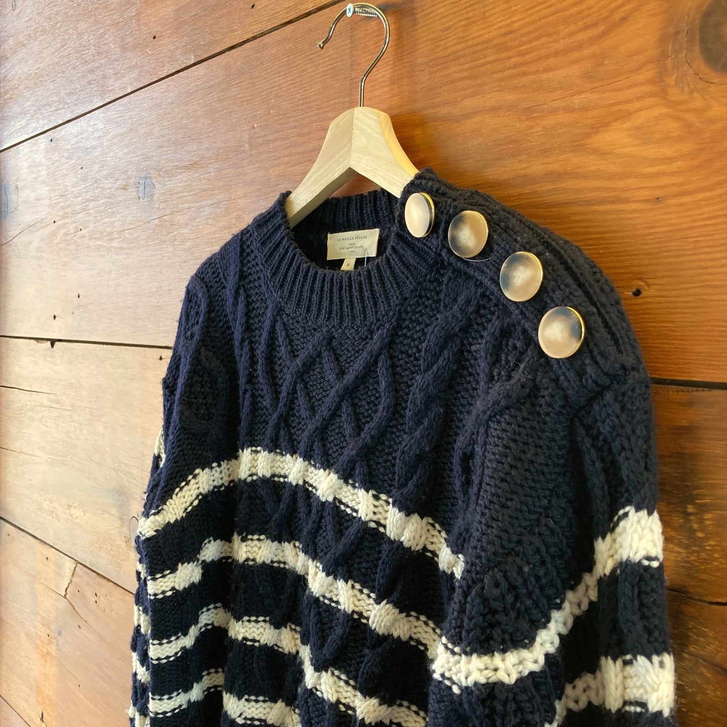 Sezane Navy White Stripe Cable Knit James Cotton Blend Sweater - Size M - 0813RM