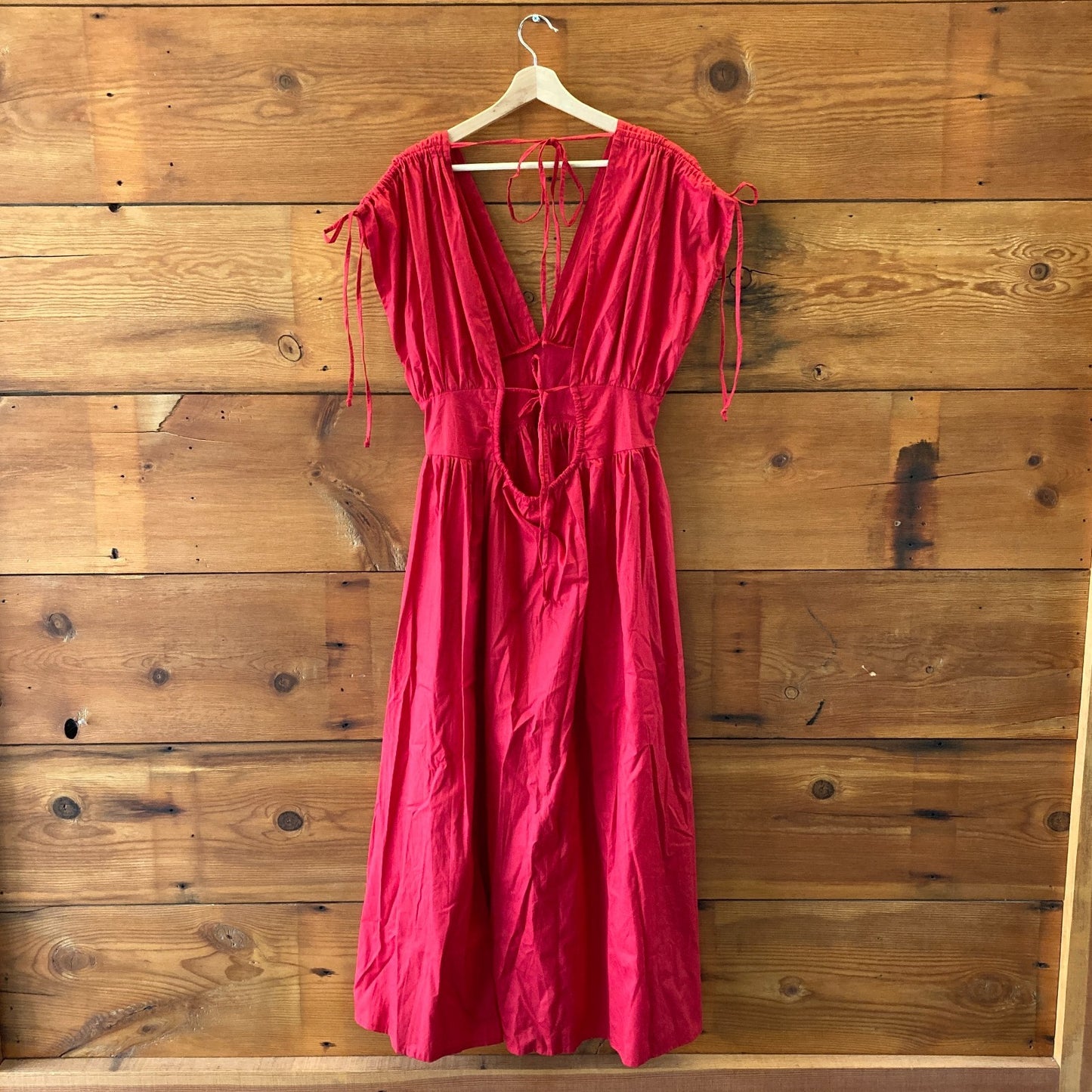ELF Red Rafina Goddess Ruched Tie Shoulder Maxi Dress - Size S - 0618SK