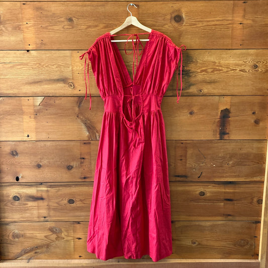 ELF Red Rafina Goddess Ruched Tie Shoulder Maxi Dress - Size S - 0618SK