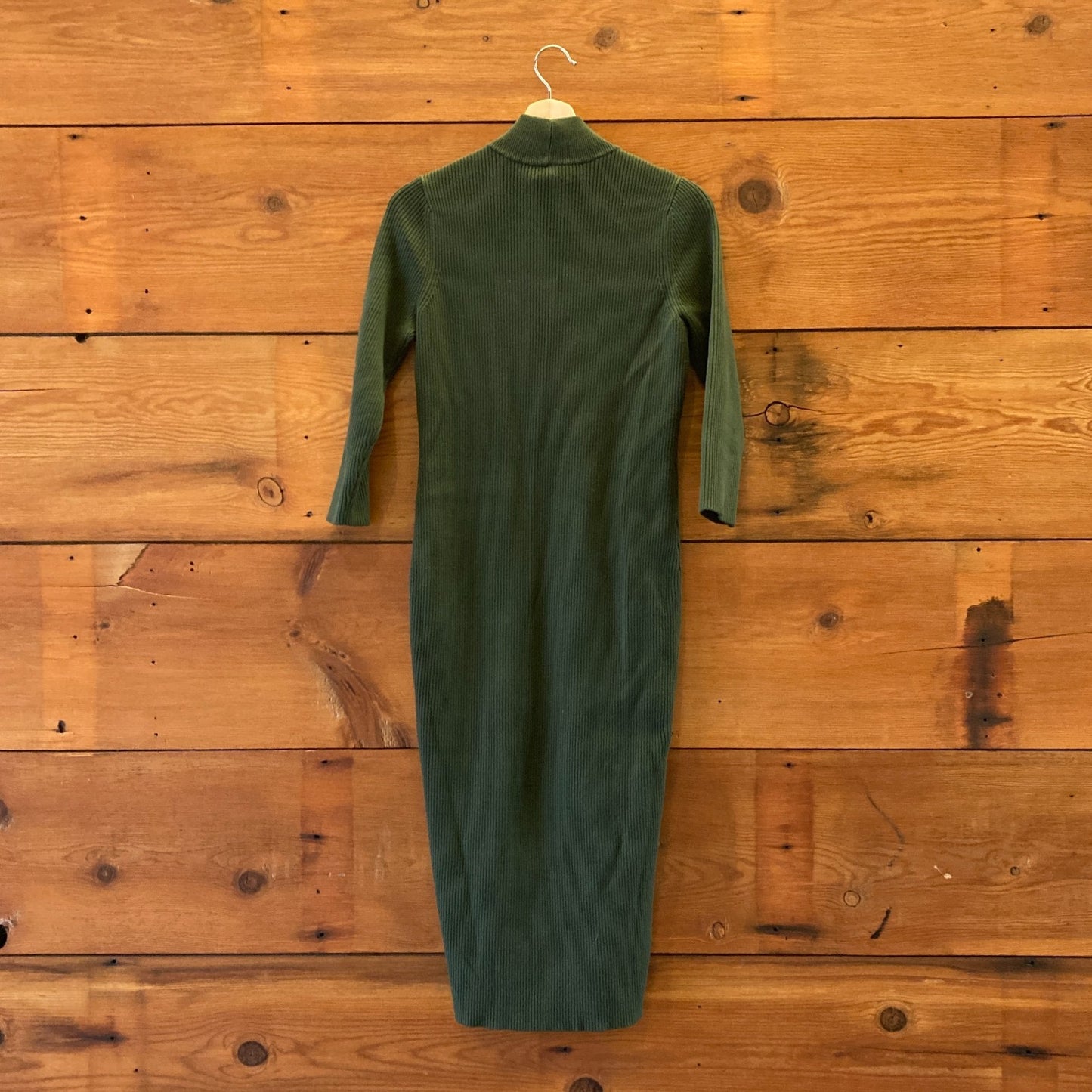 2/M - Hatch Dark Green Maternity Ribbed Knit Mock Neck Midi Length Dress 0620AK