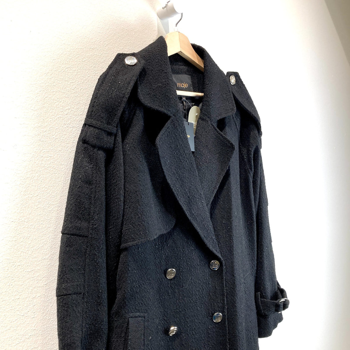Maje $685 Black Button Up Belted Long Overcoat Jacket - Sz 42 / L - NEW - 1012HA