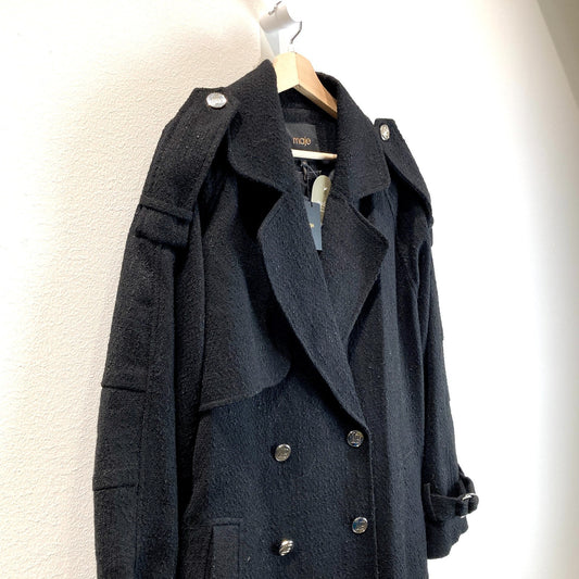 Maje $685 Black Button Up Belted Long Overcoat Jacket - Sz 42 / L - NEW - 1012HA