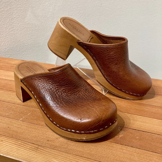 Swedish Hasbeens Brown Leather Wood Nature Clogs Shoes - Size 36 / 6 - 0312IG