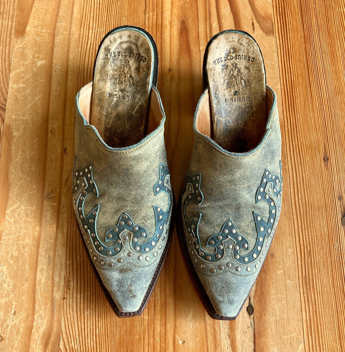The Old Gringo Green Gray Studded Western Mules Shoes - Size 37 / 7 - 0527KM