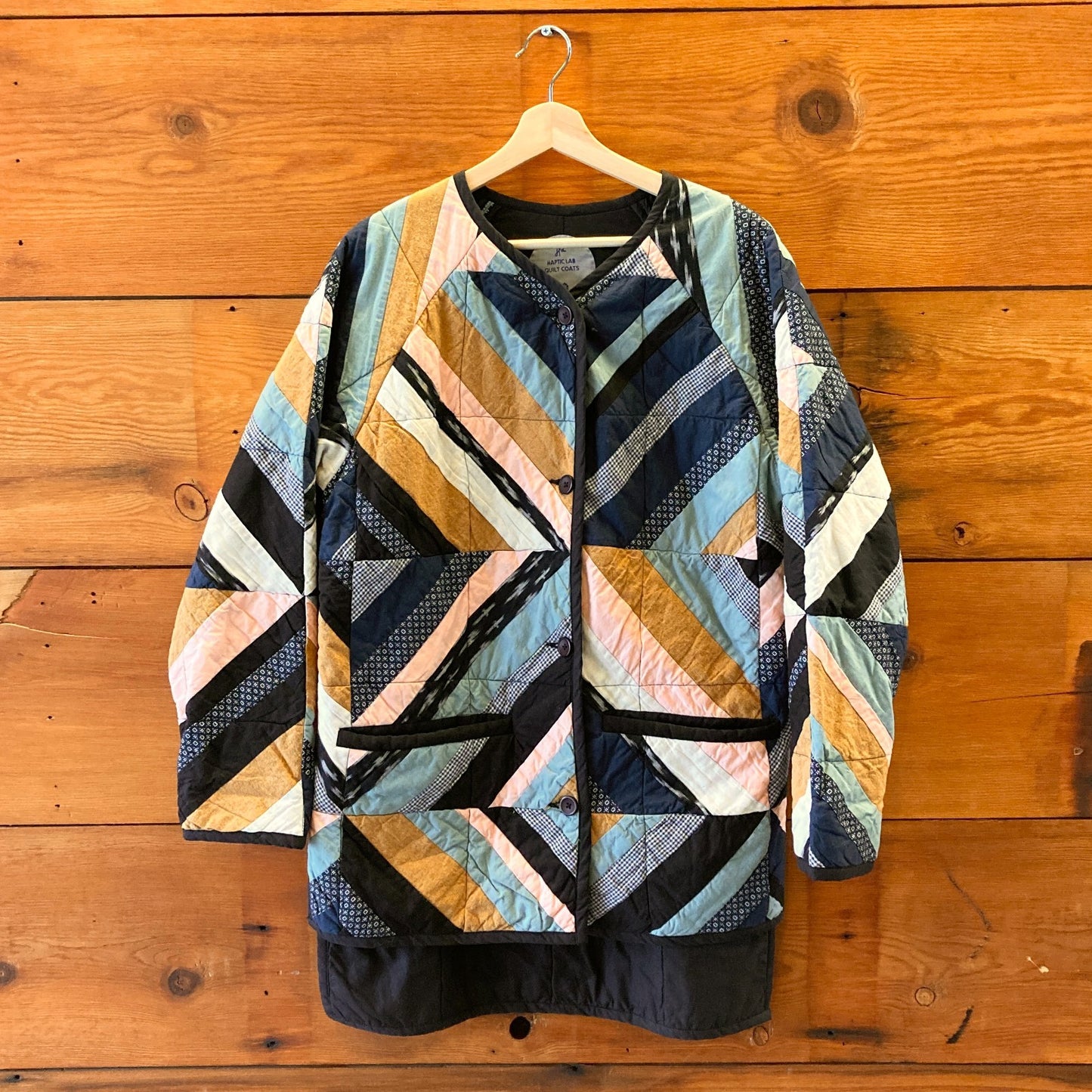 S - Haptic Lab Multi Fabric Chevron Patterned Quilted Jacket Coat 0627LH