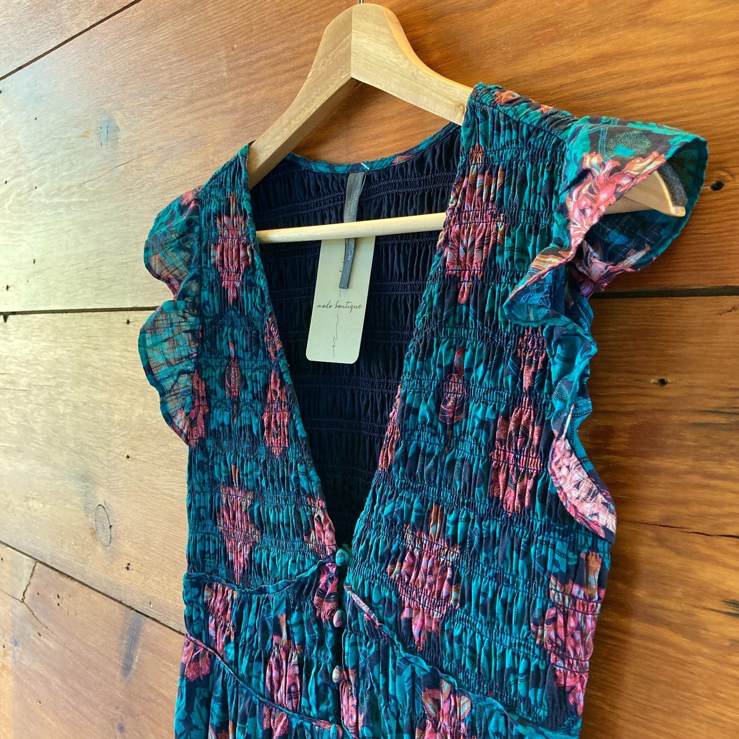 Anthropologie Teal Floral Print Smocked Peregrine Midi Dress - Size XS - 0528CD