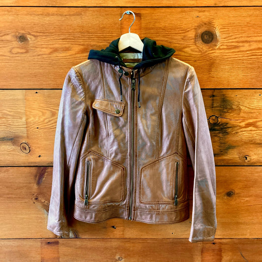 S - Andrew Marc Brown Leather Zip Up w/ Detachable Hoodie Hooded Jacket 0926RE