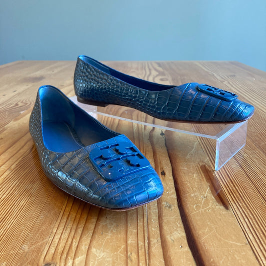 Tory Burch Blue Snake Embossed Leather Georgia Flats Shoes - Size 10 - 0206BS