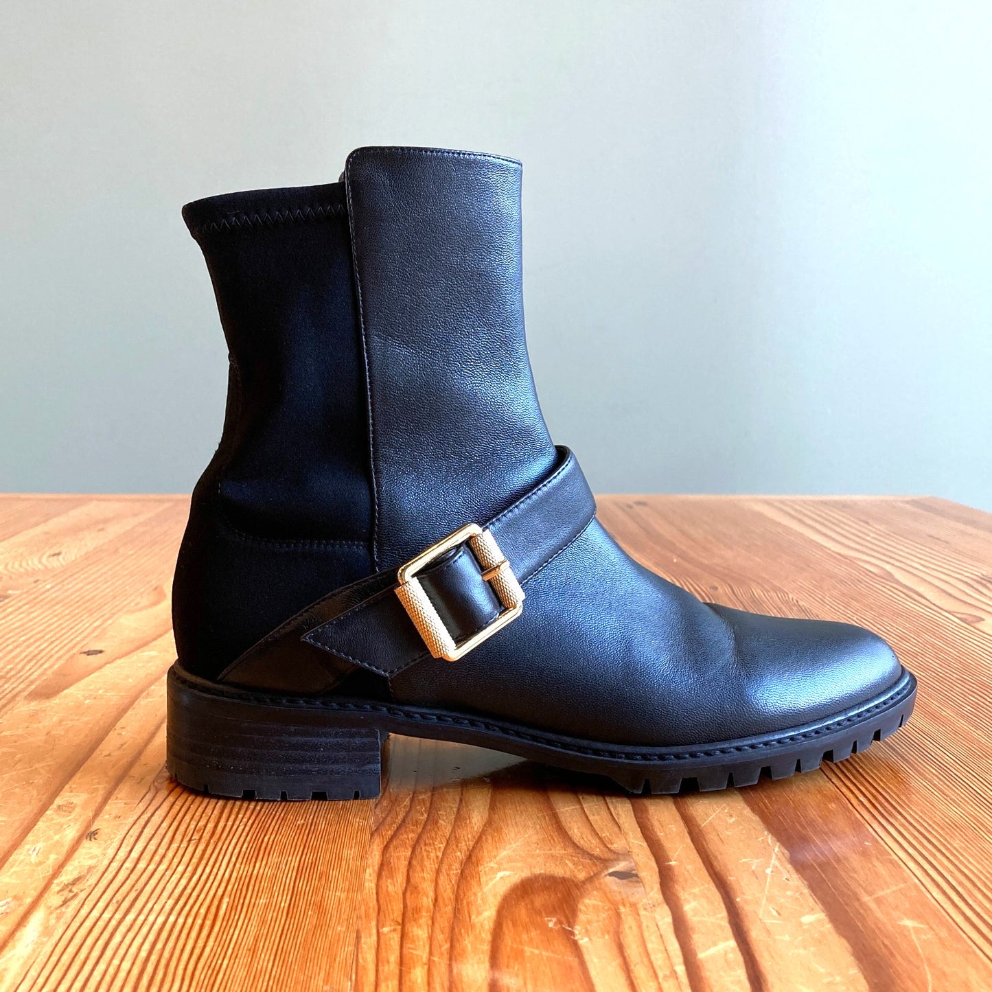 8 - Stuart Weitzman Black Leather Contrast City Buckle Ankle Boots 0905AG