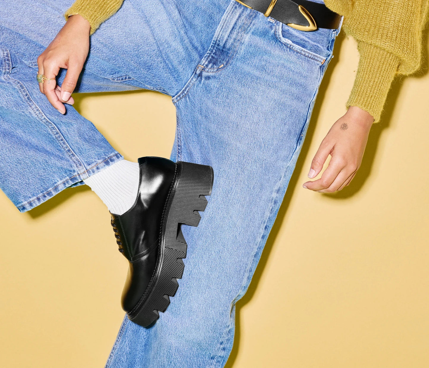 6.5 - Freda Salvador Smooth Black Leather Keena Lug Sole Oxford Shoes 0312IG