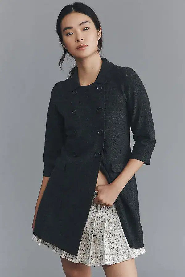 L - Maeve Dark Gray Double-Breasted NEW Merino Wool Long Cardigan Sweater 0618BS