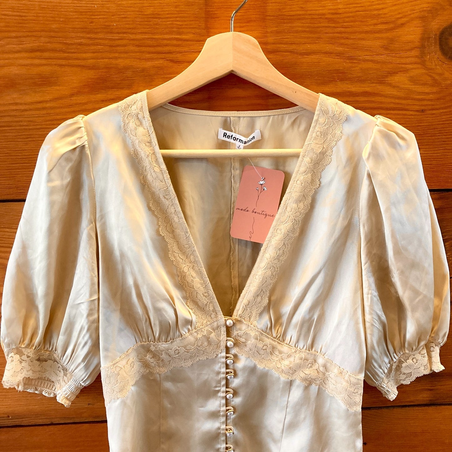 2 - Reformation Cream Silk Lace Detail Millie Short Puff Sleeve Top Shirt 0717SM