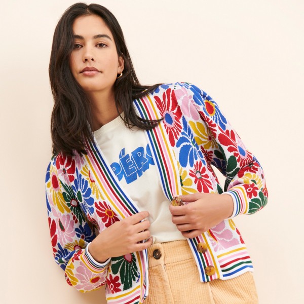 S - Farm Rio Multi Color Floral Print Sunny Daisies Cardigan Sweater 0520KP