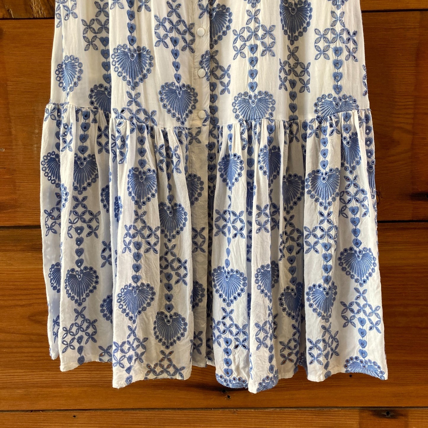 Johnny Was Blue White Embroidered Heart Motif Beau Midi Dress - Size XS - 0514CP