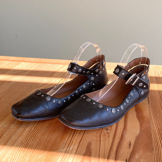 38.5 - Free People Black Leather Silver Studded Mystic Mary Jane Flats 0603AG