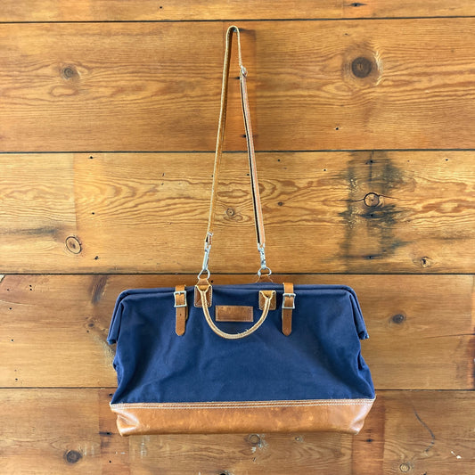 Schoolhouse Electric Navy Canvas Brown Leather Weekender Duffle Bag - 1229MR