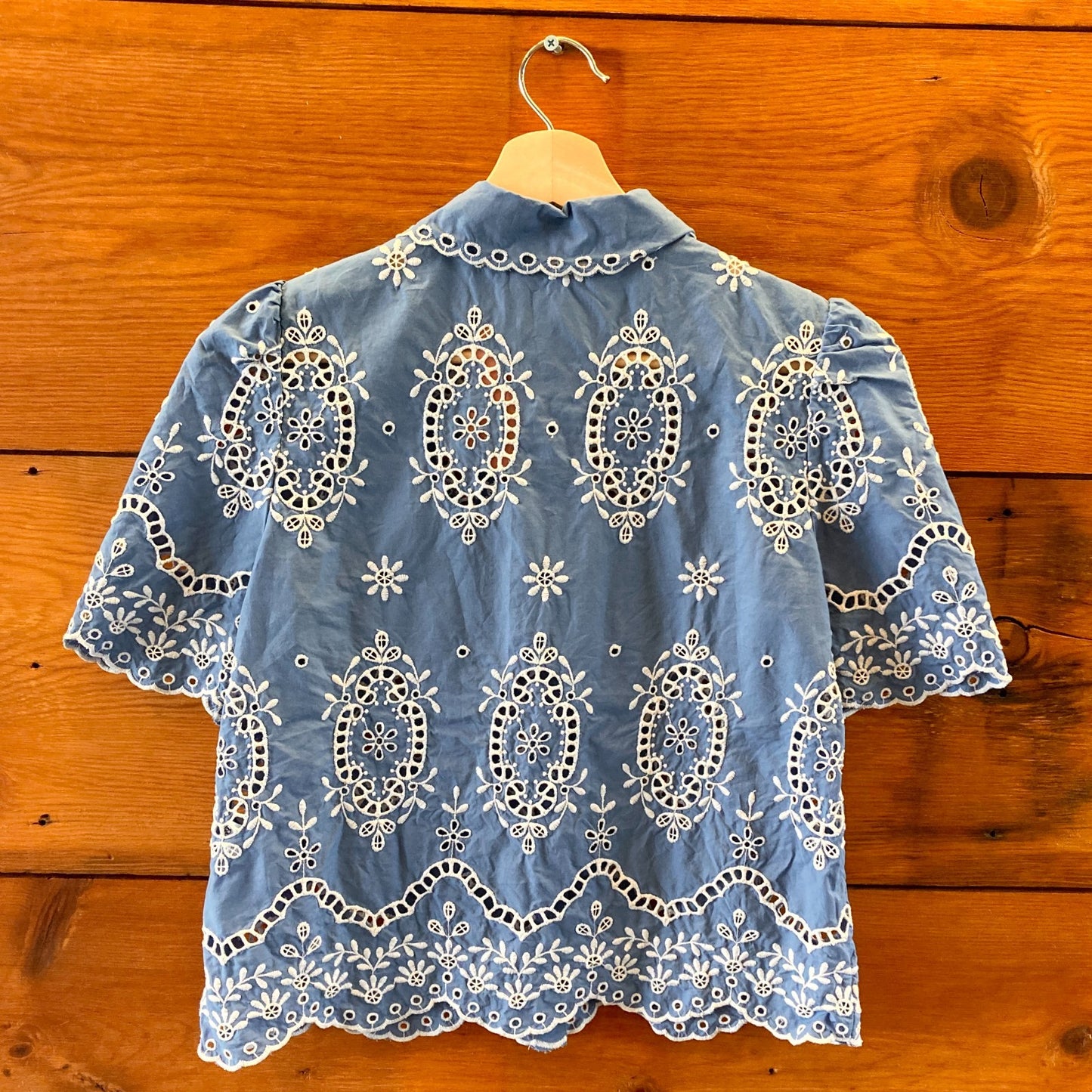 34 / XS - Sezane Blue White Eyelet Embroidery Short Sleeve Elvira Top 0717SM