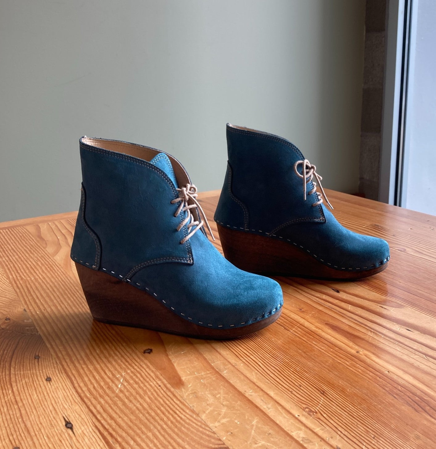 8 - Maguba Teal Leather Casablanca Wooden Wedge Boots Swedish Clogs 1120JM