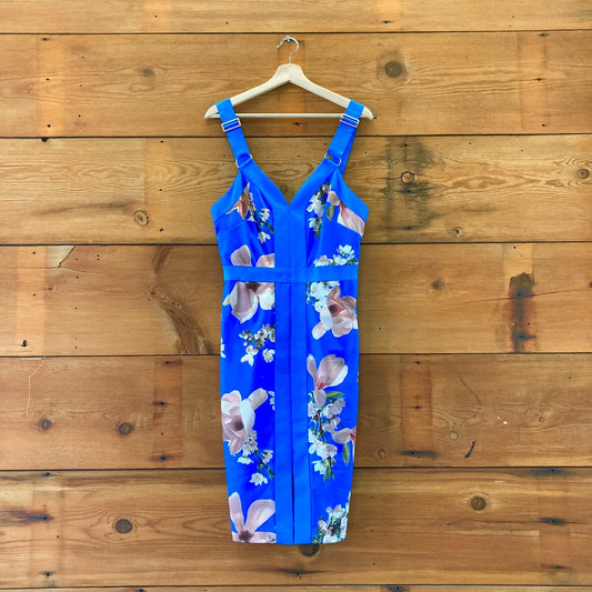 Ted Baker Bright Blue Floral Print Iness Body-Con Dress - Size 3 / 8 US - 0929LL