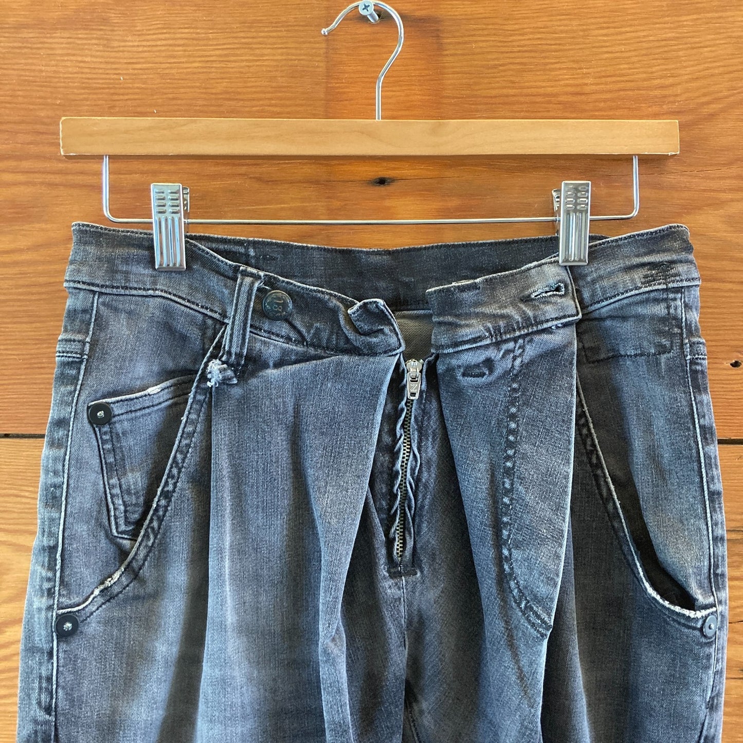 R13 Faded Black Stretch Denim Crossover Skinny Leg Jeans - Size 25 - 0410WJ