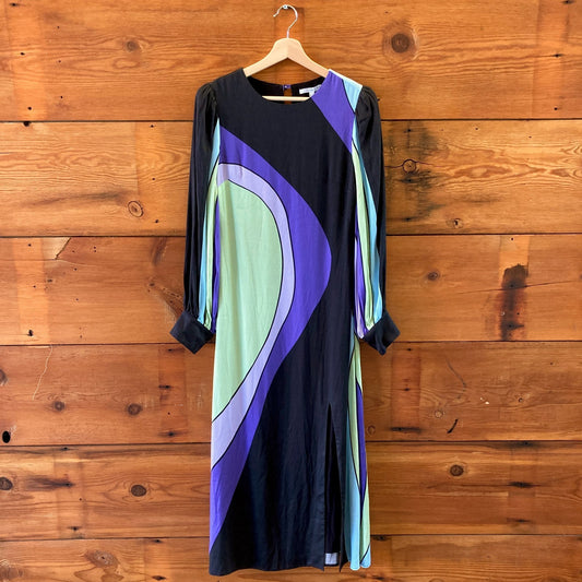 Olivia Rubin Black Purple Striped Long Sleeve Maxi Dress - Size 4 - 0415AB