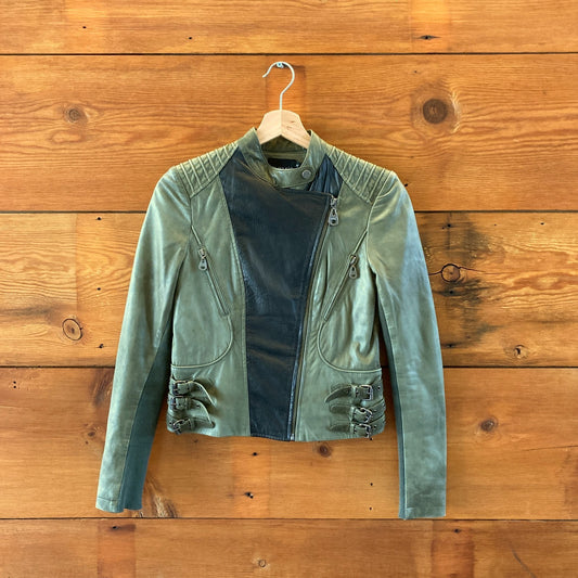 Doma Olive Green & Black Zip Up Moto Soft Leather Jacket - Size S - 0206SB