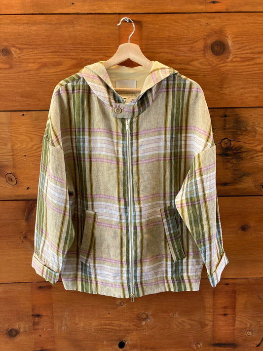Momoni Plaid Linen Italian Made Hooded Zip Up Jacket - Size 38 / M - 4427SC