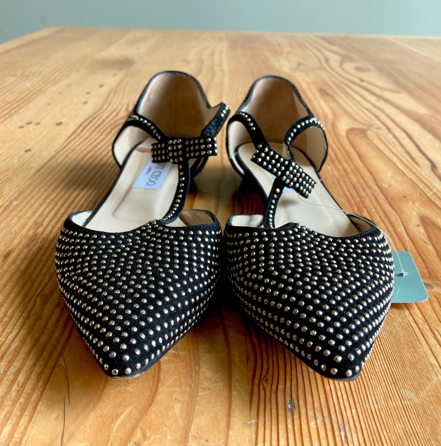 Jimmy Choo Black Studded Pointed Toe T Strap Flats Shoes - Size 38 / 8 - 0422VS