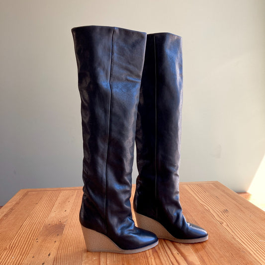 Isabel Marant NEW Black Over-The-Knee Leather Wedge Boots - Size 37 - 1016LD