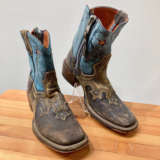 Dan Post Brown & Blue Leather Embroidered Cowboy Boots - Size 8 - EUC - 1122CT