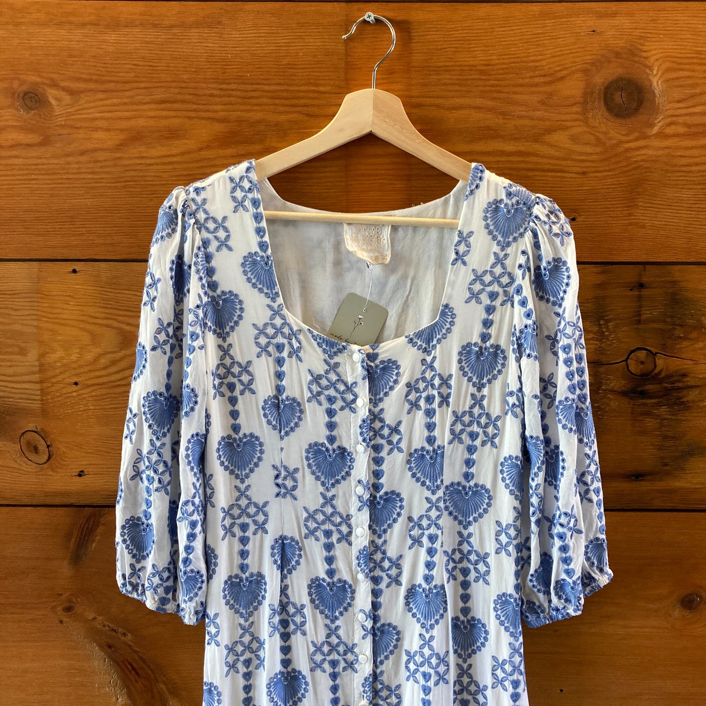 Johnny Was Blue White Embroidered Heart Motif Beau Midi Dress - Size XS - 0514CP