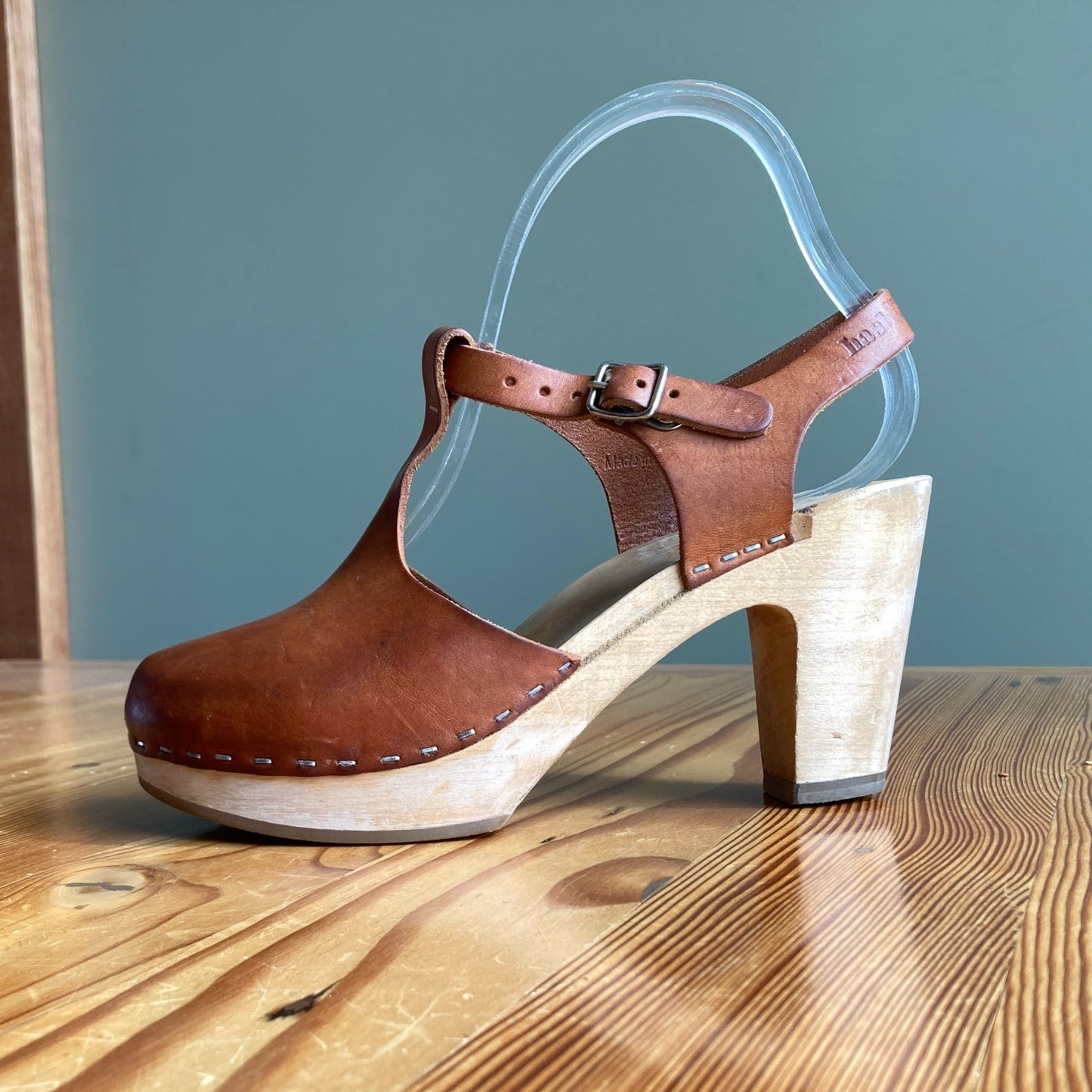 8 - Swedish Hasbeens Brown T-Strap Leather High Heel Clog Shoes 0325MR