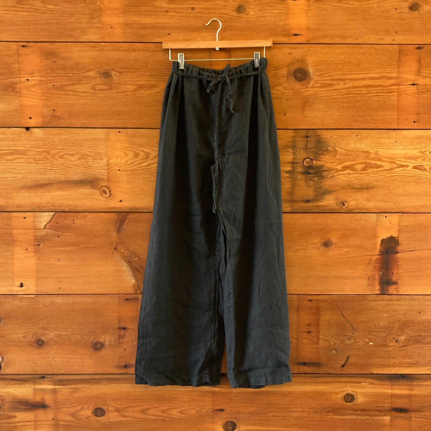 M - Black Crane Black Drawstring 100% Linen Pants 0416JW