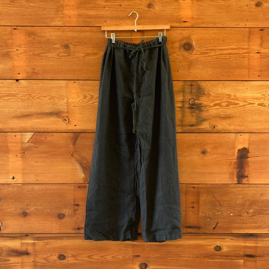 M - Black Crane Black Drawstring 100% Linen Pants 0416JW