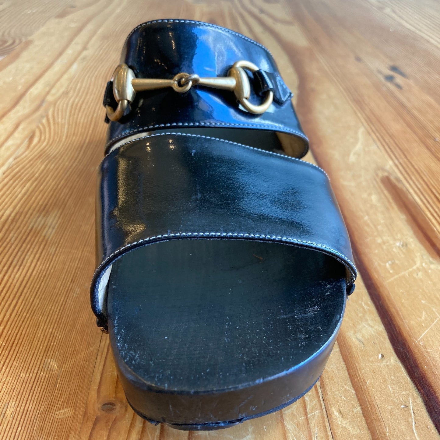 Gucci Black Leather Horsebit Platform Slide Sandals sandals - Size 8 - 1217RM