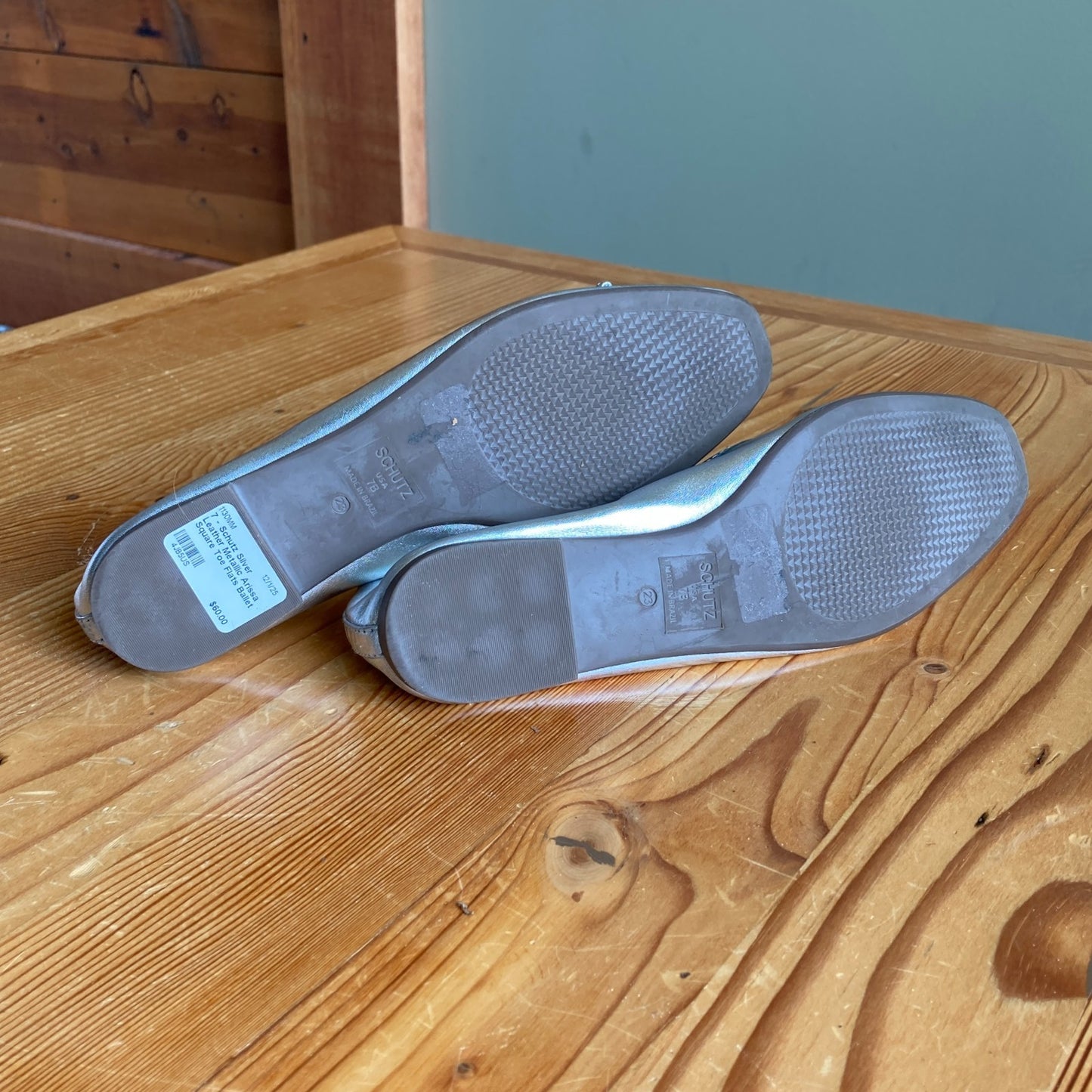 7 - Schutz Silver Leather Metallic Arissa Square Toe Flats Ballet Shoes 1130MM