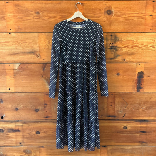 Baum & Pferdgarten Navy Blue Polka Dot Mesh Midi Length Dress - Size S - 1213SM