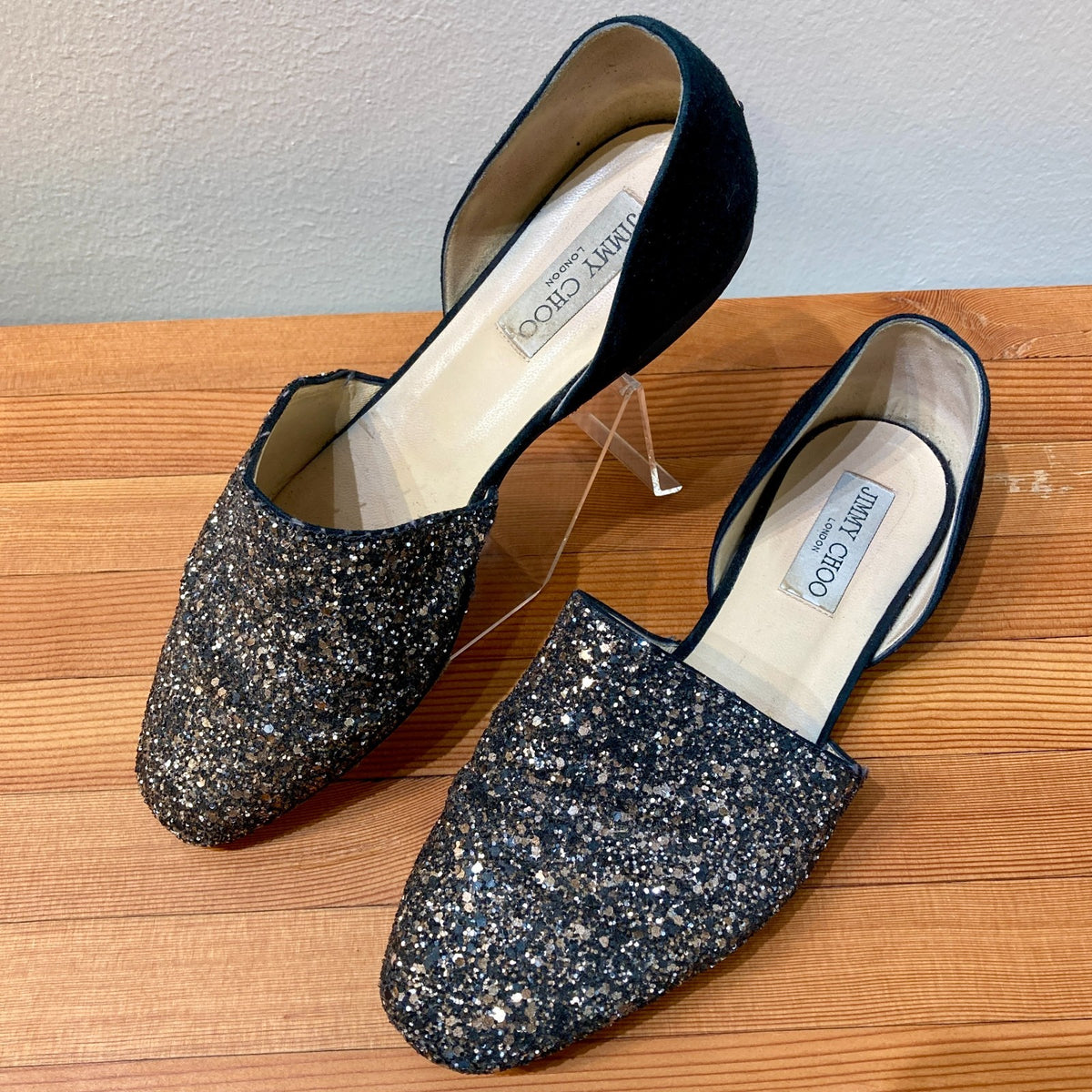 Jimmy Choo Black Coarse Glitter Globe D'Orsay Suede Flats - 37.5 / 7.5 - 0907LR