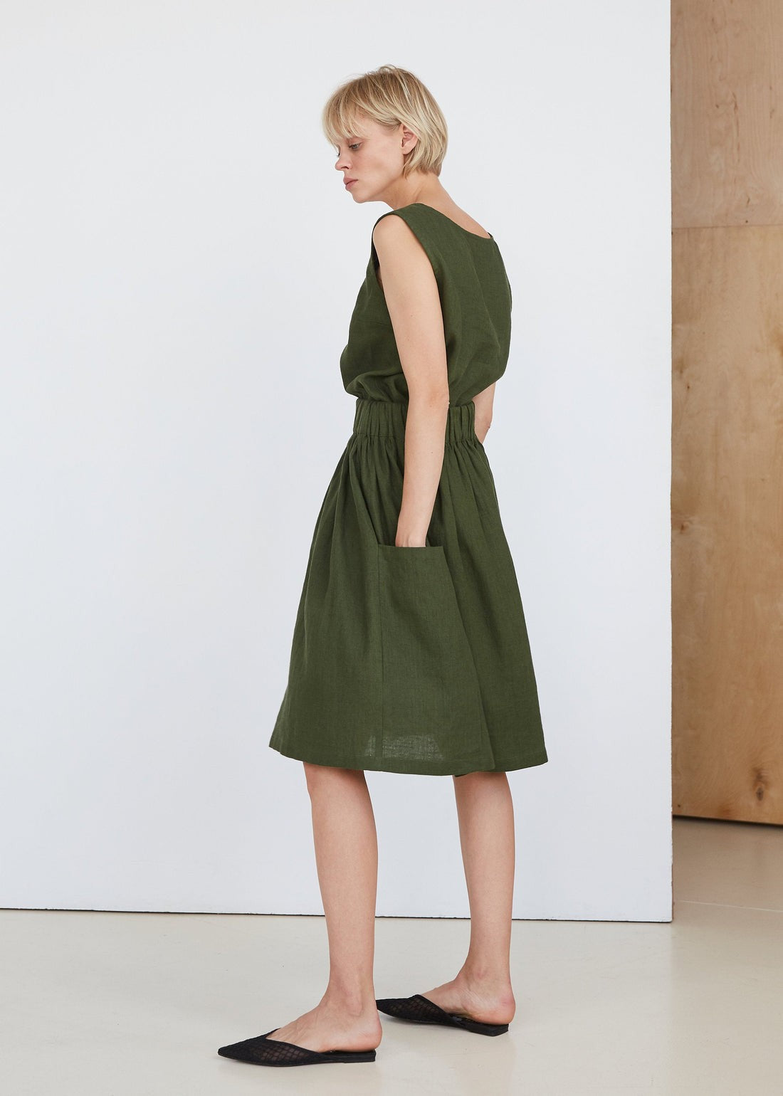 XS - Sand Snow Green 100% Linen Elastic Waist Lagenlook Skirt 0818LS