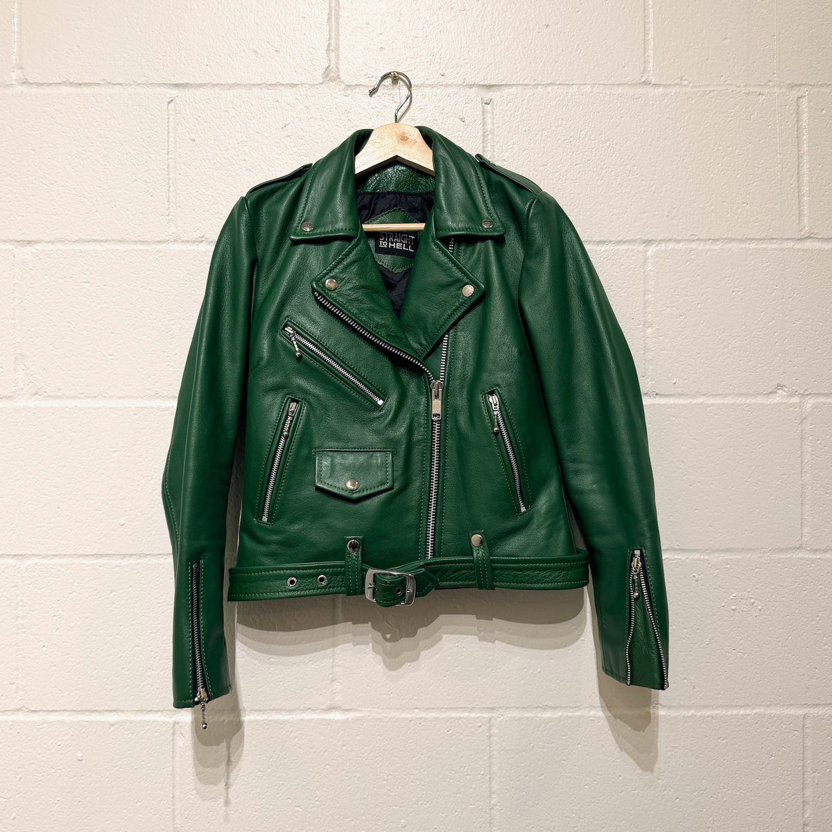 Straight To Hell Green Biker Motorcycle Leather Jacket - Size M - 0314GM