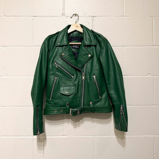 Straight To Hell Green Biker Motorcycle Leather Jacket - Size M - 0314GM