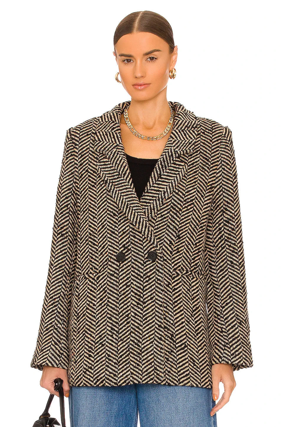 S - Anine Bing Black & Tan Fishbone Tweed Diana Boxy Blazer Jacket 1011SC