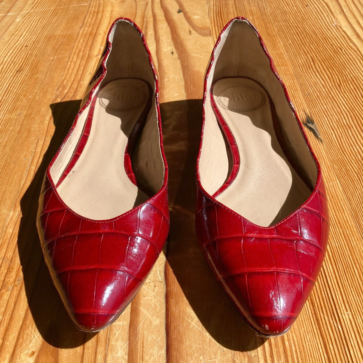 Chloe Burgundy Croc Embossed Scallop Laurena Flats Shoes - Sz 36.5 / 6.5- 0927EK