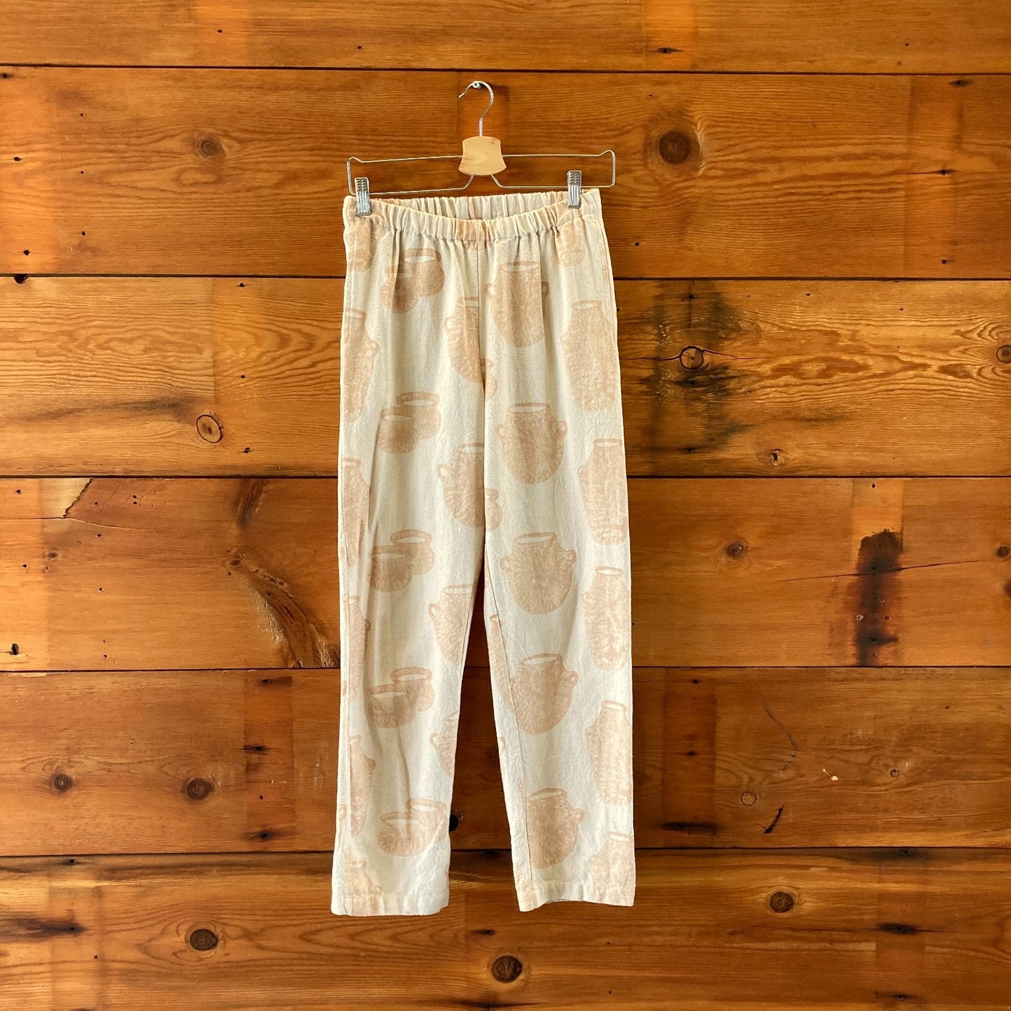 Po-Em Tan Vase Block Print Deck Pull-On Elastic Waist Pants - Size S - 0517DS