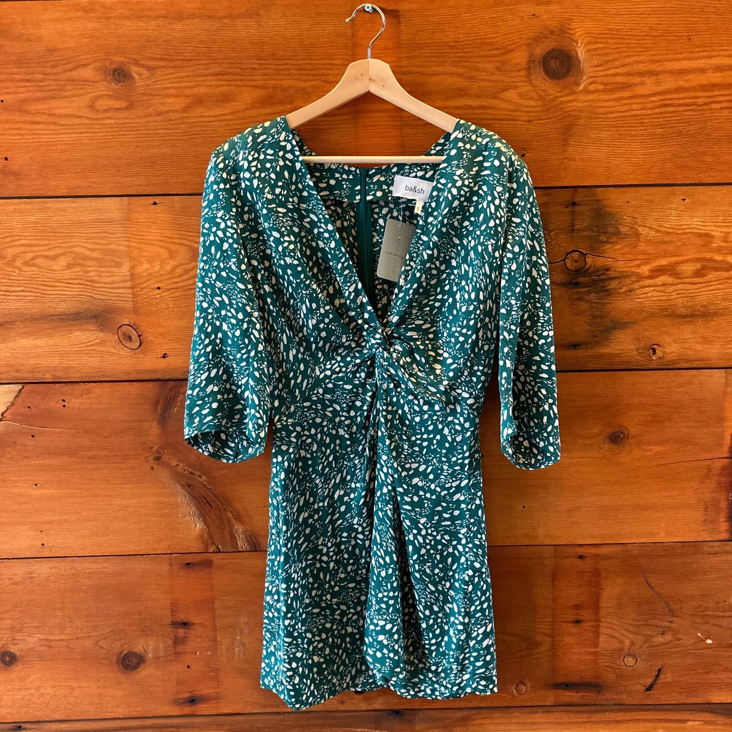 ba&sh Green White Printed Short Sleeve V-Neck Erika Mini Dress - Size M - 1114LH