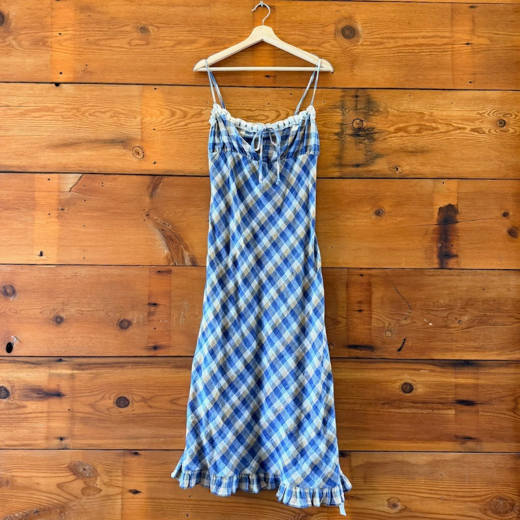 Christy Dawn Blue Linen Plaid Sleeveless Maxi Sam Dress - Size S - NEW - 0312IG