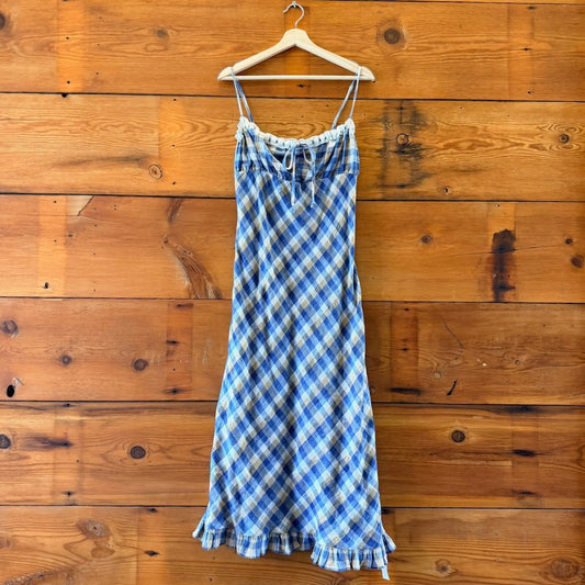Christy Dawn Blue Linen Plaid Sleeveless Maxi Sam Dress - Size S - NEW - 0312IG