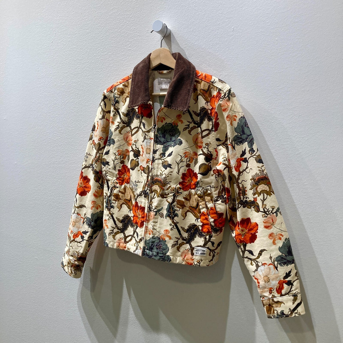 Brixton Tan Floral Corduroy Collar Zip Up Mechanics Jacket - Size S - 0607CC