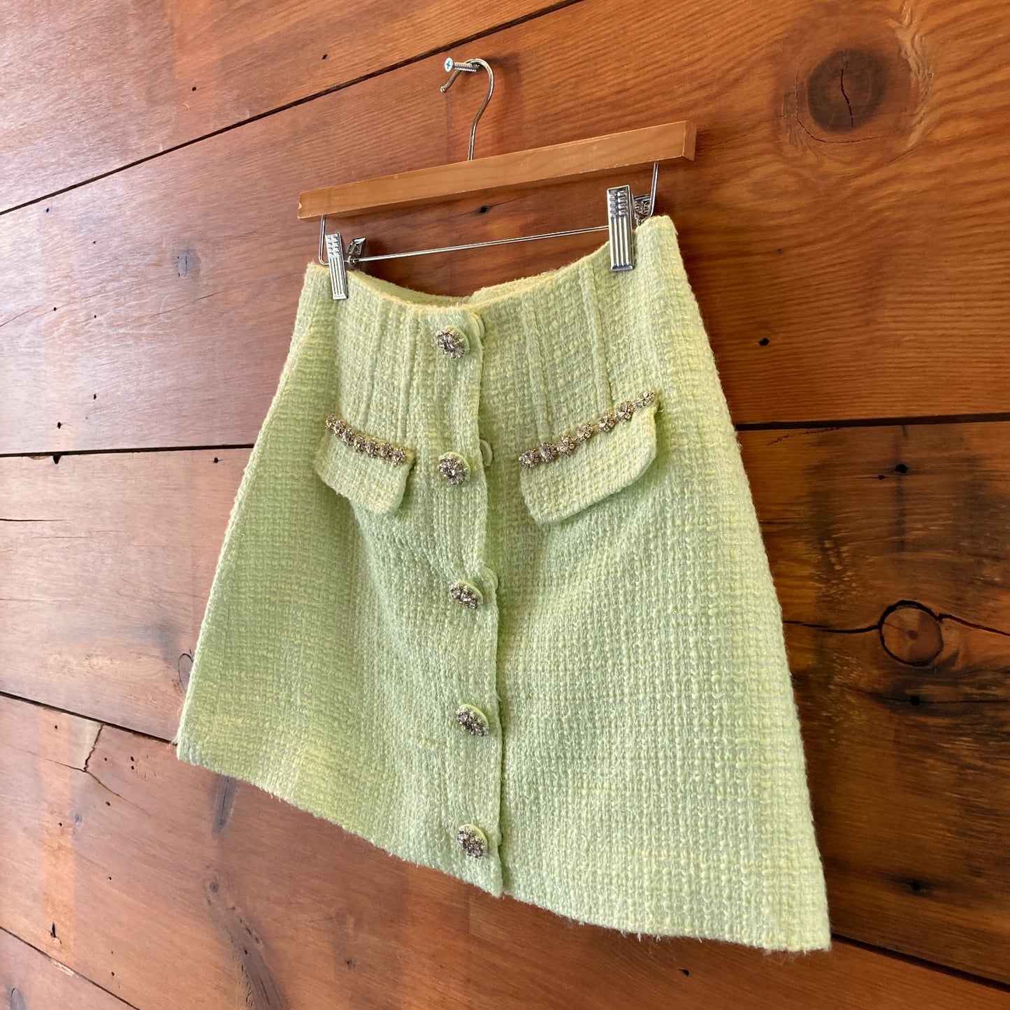 Self Portrait Pale Lime Green Crystal-Trim Tweed Mini Skirt - Size 6 - 1016LD