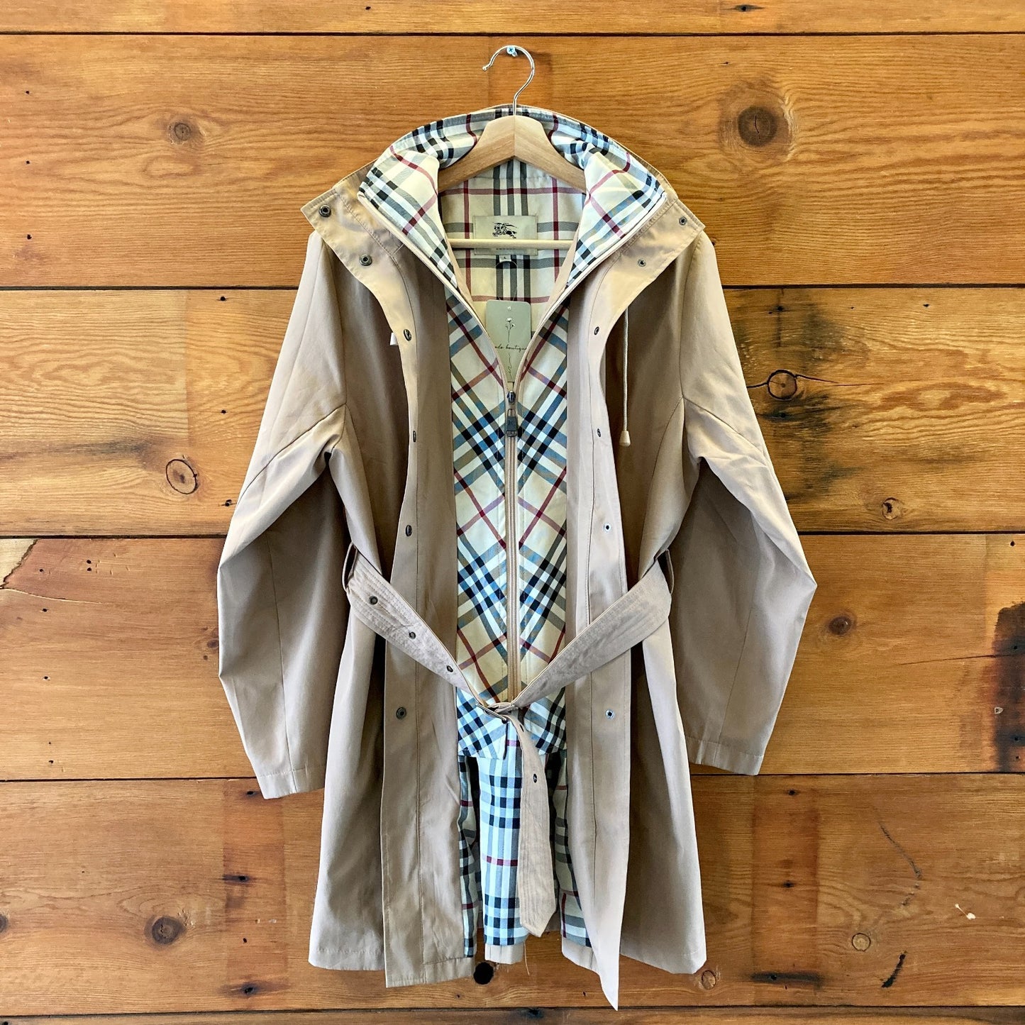 Burberry Tan Nova Check Lined Hooded Belted Snap Front Jacket - Size L - 0617MV